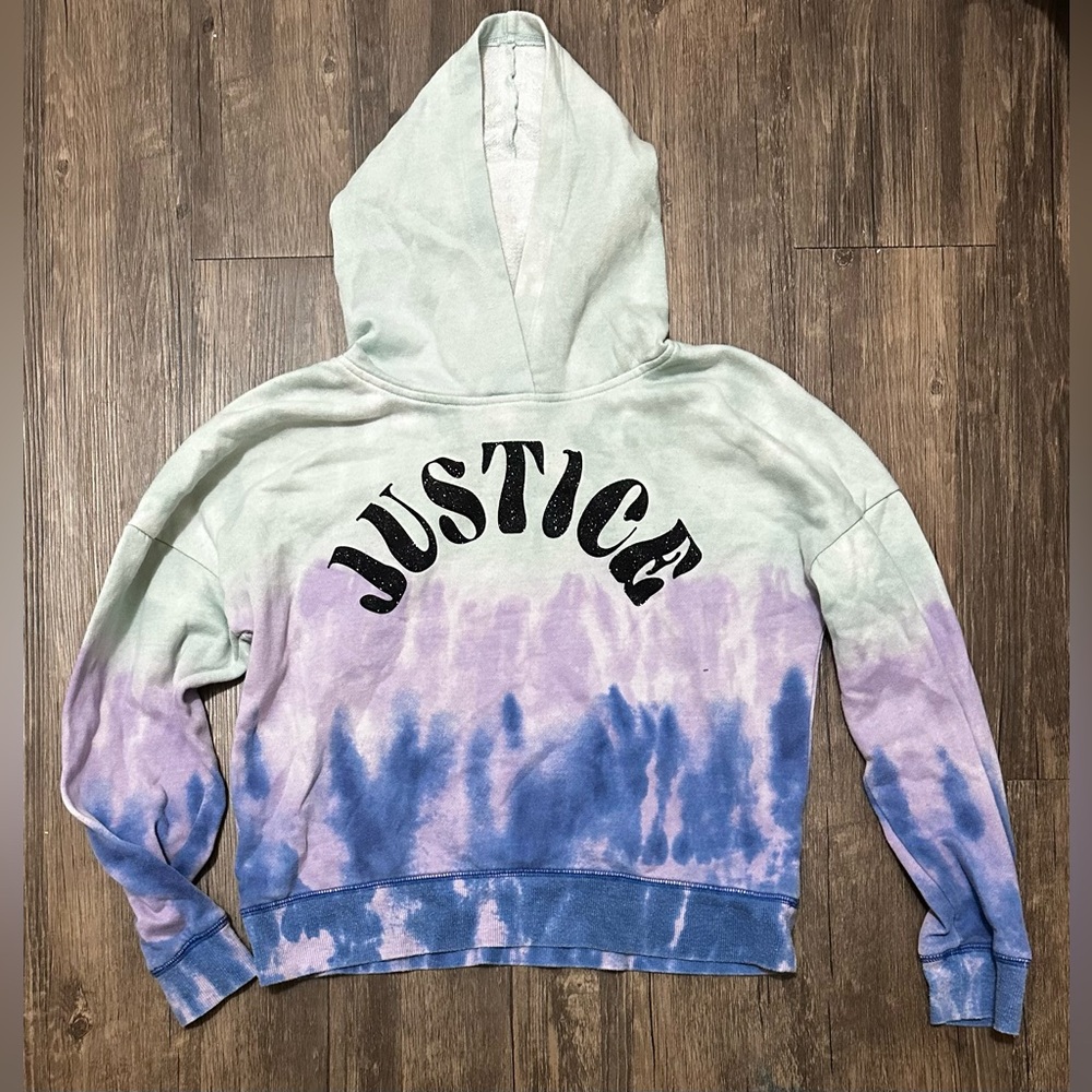 Justice Tie Dye Hoodie Sweatshirt Girls Size L 12-14 Mint Purple Blue Sparkle